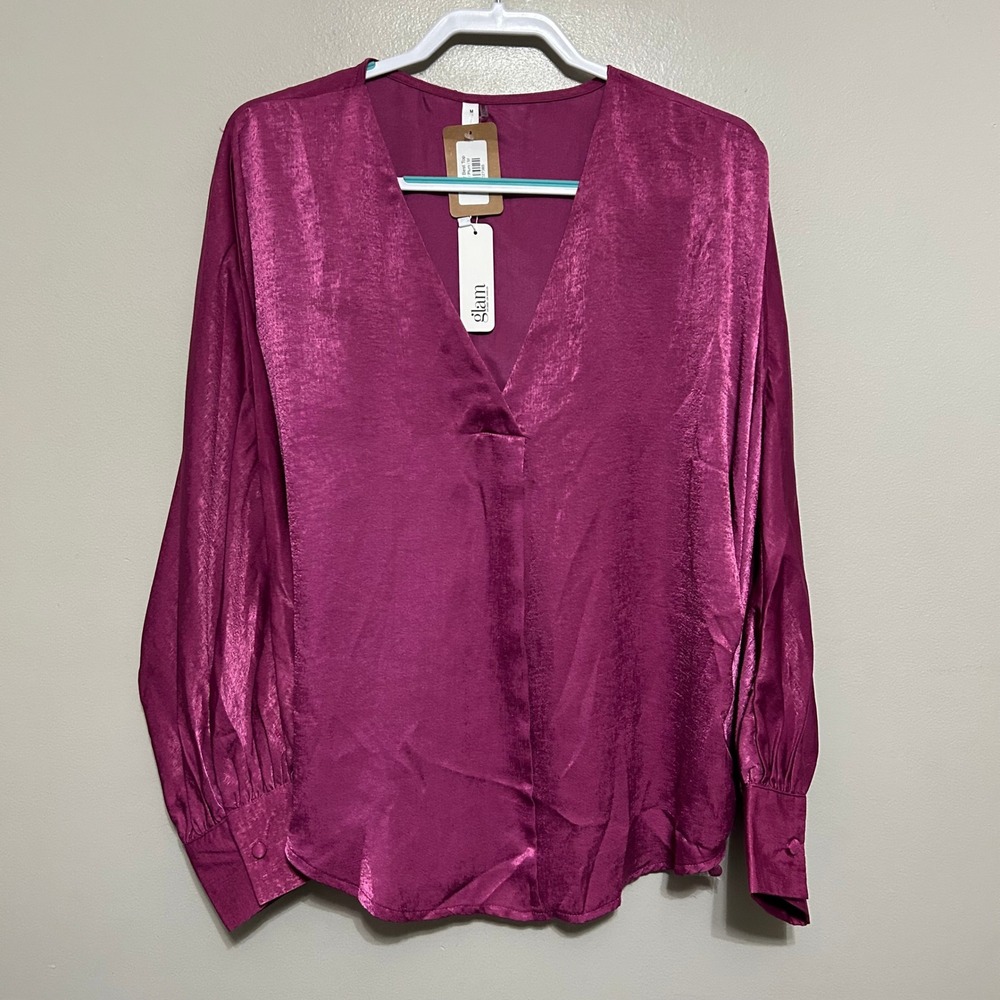 Glam Blouse M Plum Satin V-Neck New Long Sleeve Be Your Best Top Silky Luxury